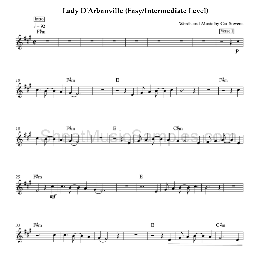 Lady D'Arbanville (Easy/Intermediate Level)