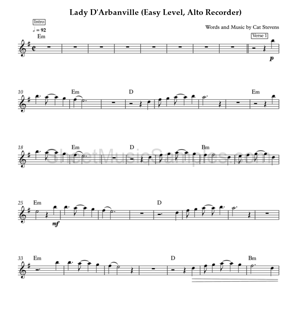 Lady D'Arbanville (Easy Level, Alto Recorder)