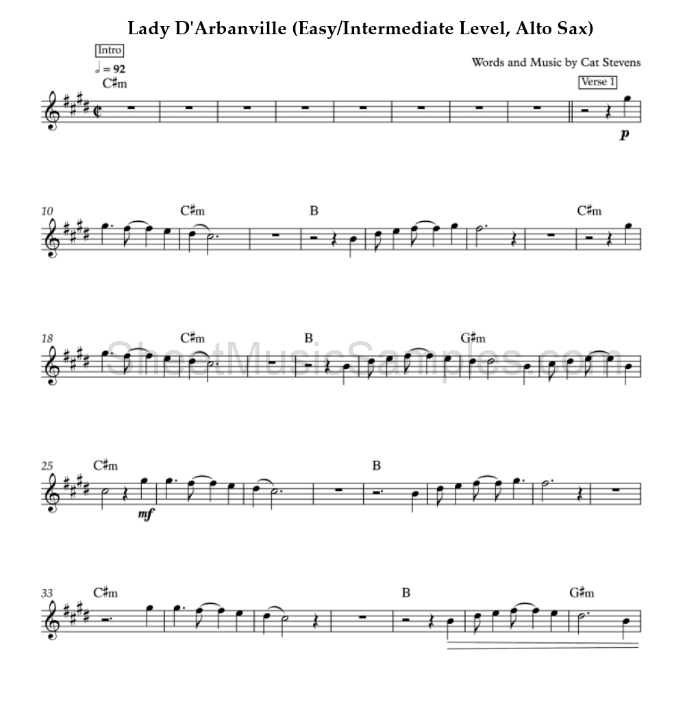 Lady D'Arbanville (Easy/Intermediate Level, Alto Sax)