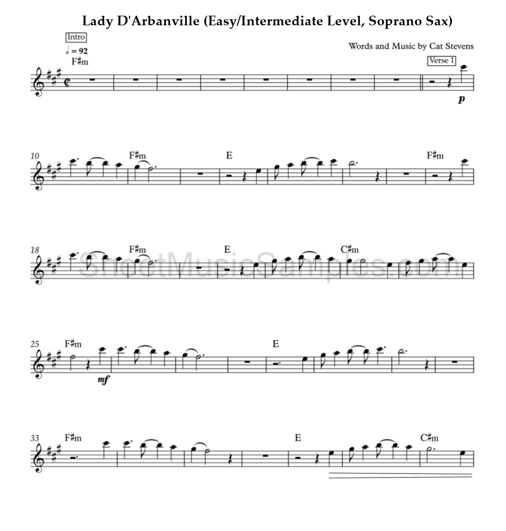 Lady D'Arbanville (Easy/Intermediate Level, Soprano Sax)