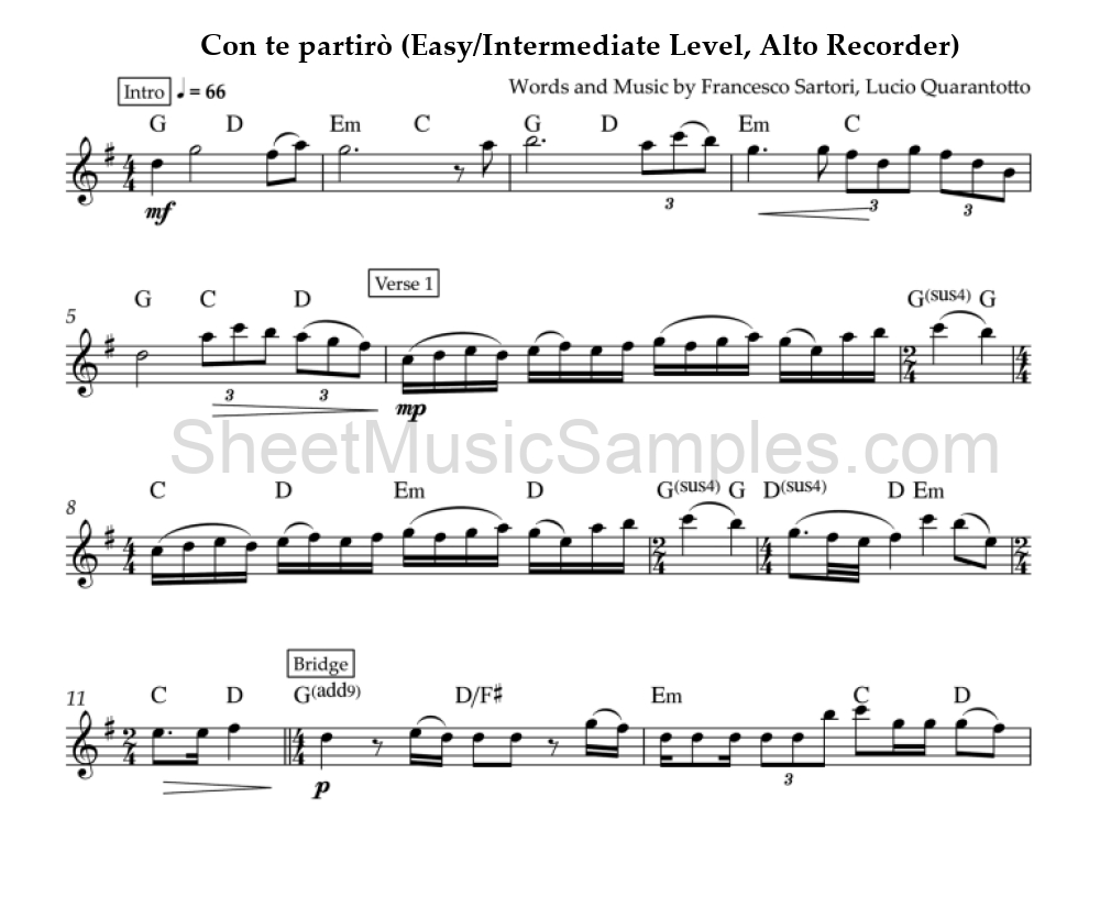 Con te partirò (Easy/Intermediate Level, Alto Recorder)