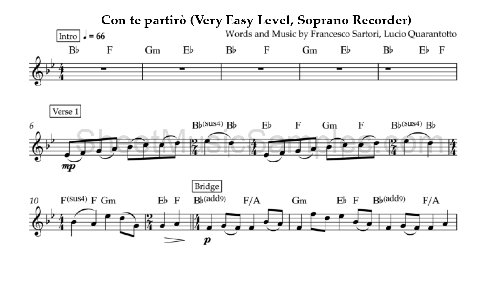 Con te partirò (Very Easy Level, Soprano Recorder)