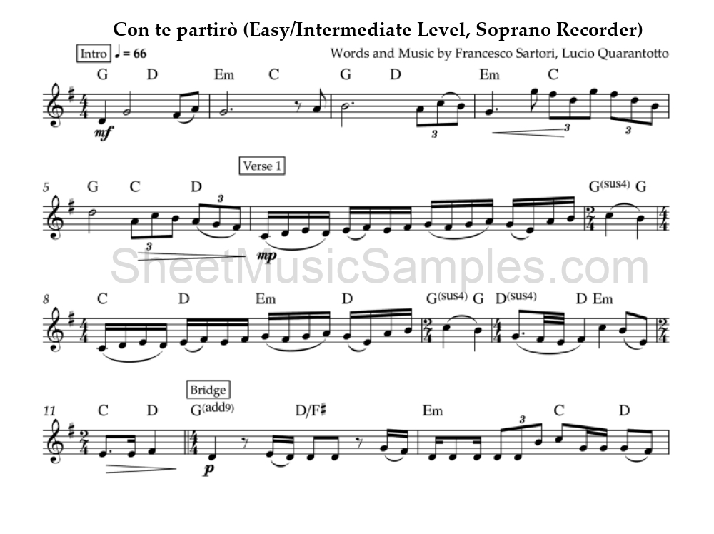 Con te partirò (Easy/Intermediate Level, Soprano Recorder)