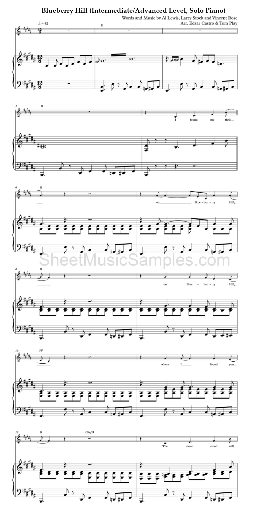 Blueberry Hill (Intermediate/Advanced Level, Solo Piano)