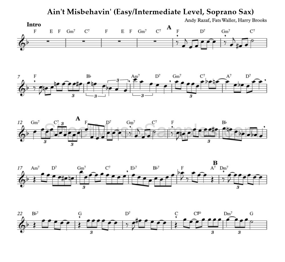 Ain't Misbehavin' (Easy/Intermediate Level, Soprano Sax)