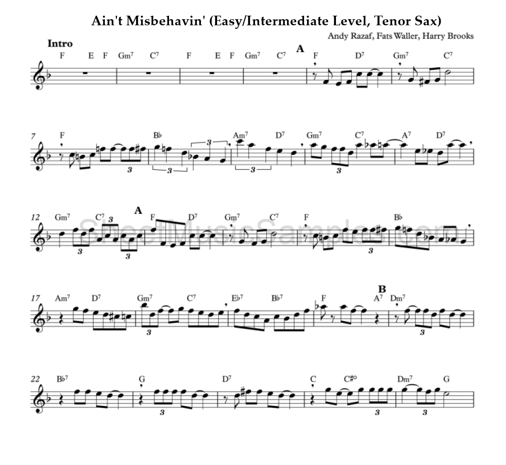 Ain't Misbehavin' (Easy/Intermediate Level, Tenor Sax)