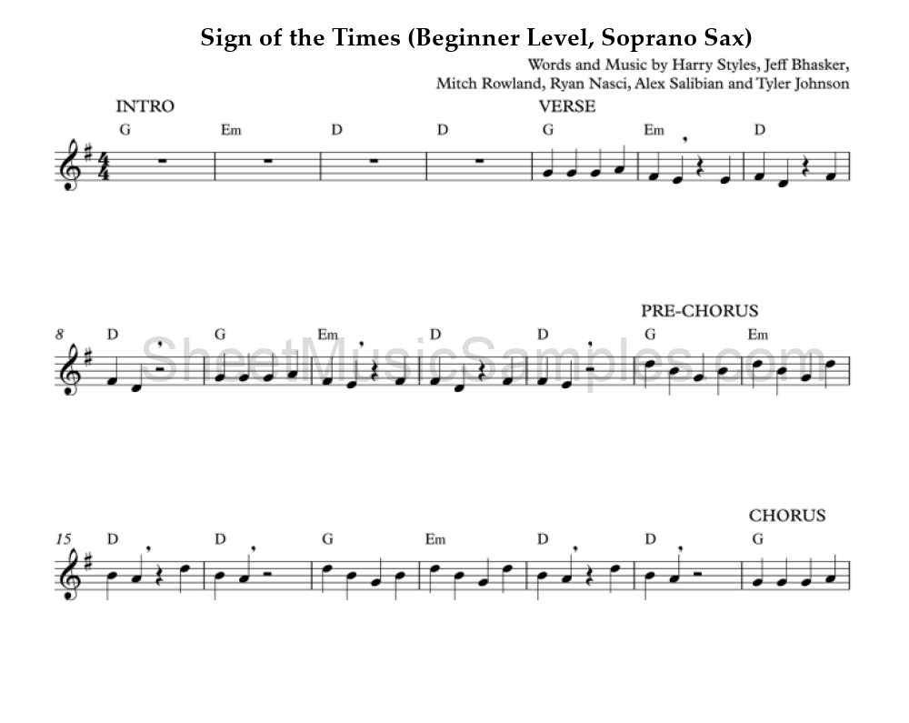 Sign of the Times (Beginner Level, Soprano Sax)