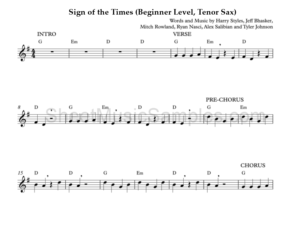 Sign of the Times (Beginner Level, Tenor Sax)