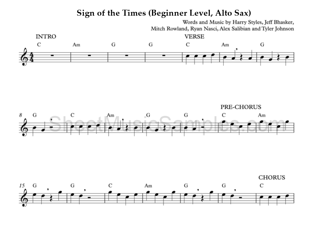 Sign of the Times (Beginner Level, Alto Sax)