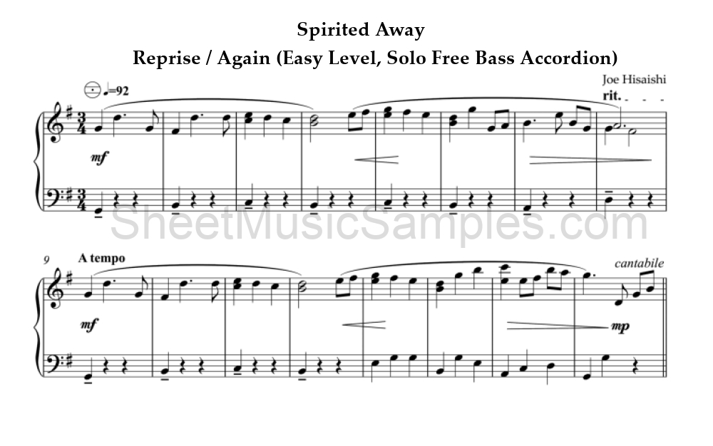 Spirited Away - Reprise / Again (Easy Level, Solo Free Bass Accordion)