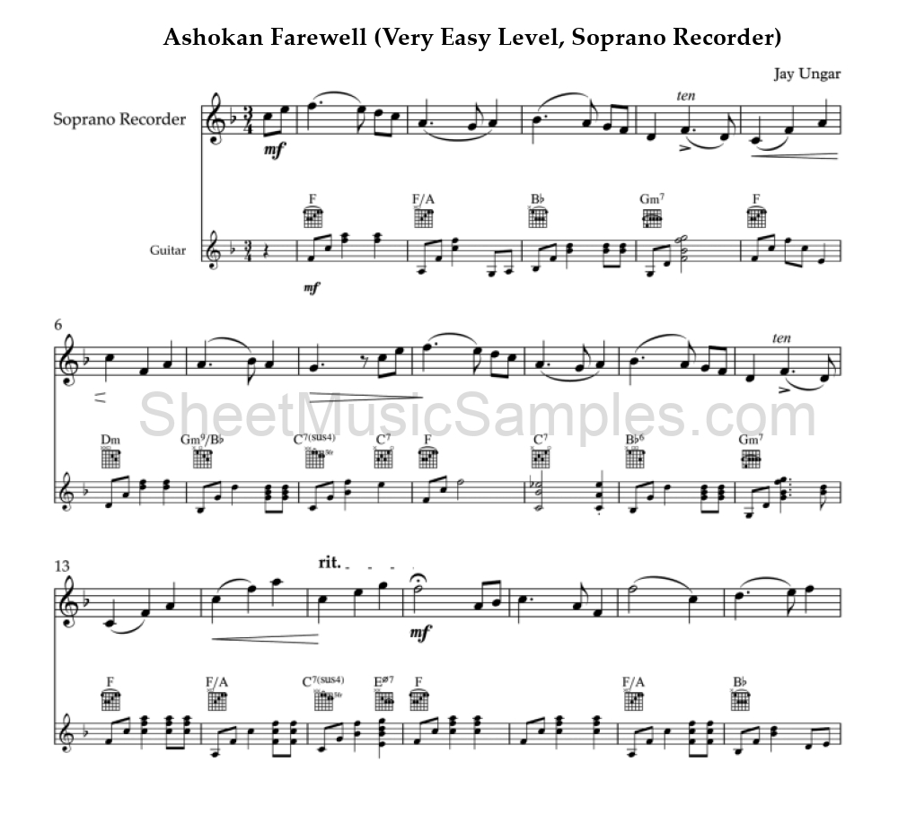 Ashokan Farewell (Very Easy Level, Soprano Recorder)