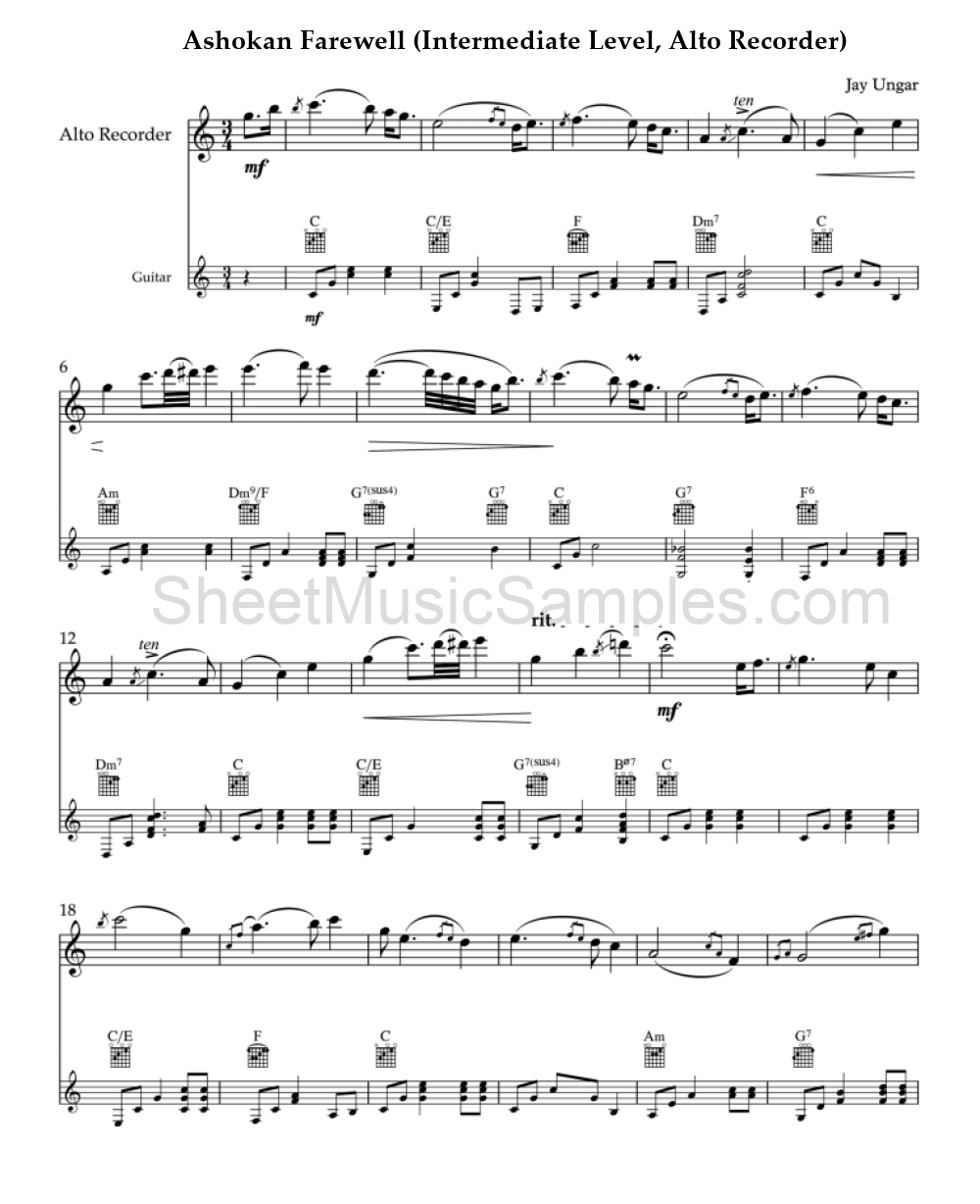 Ashokan Farewell (Intermediate Level, Alto Recorder)