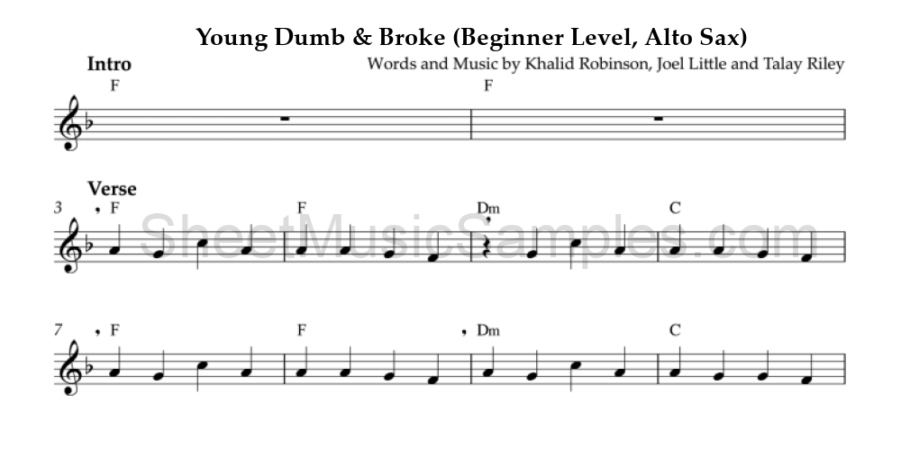 Young Dumb & Broke (Beginner Level, Alto Sax)