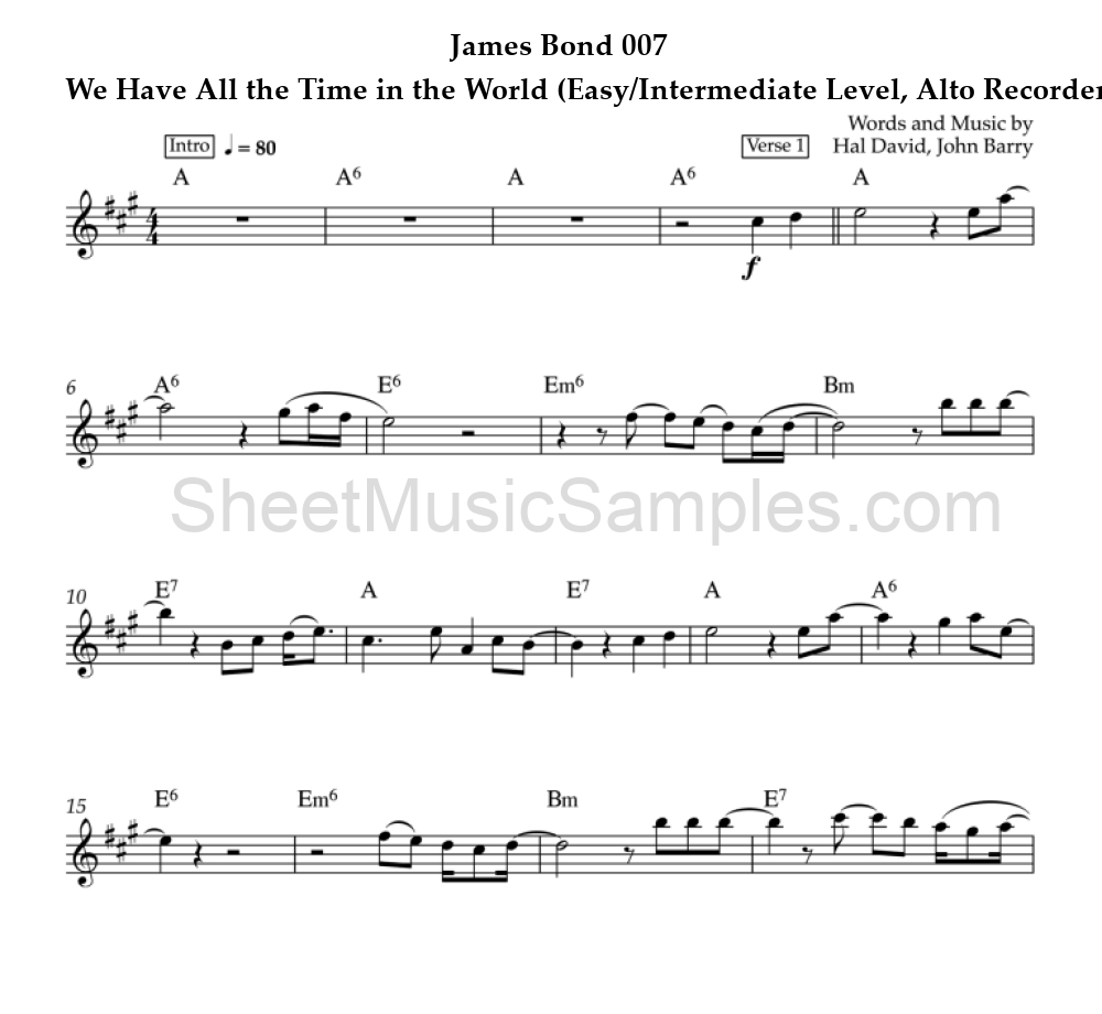 James Bond 007 - We Have All the Time in the World (Easy/Intermediate Level, Alto Recorder)