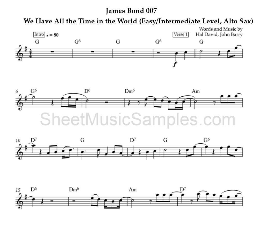 James Bond 007 - We Have All the Time in the World (Easy/Intermediate Level, Alto Sax)