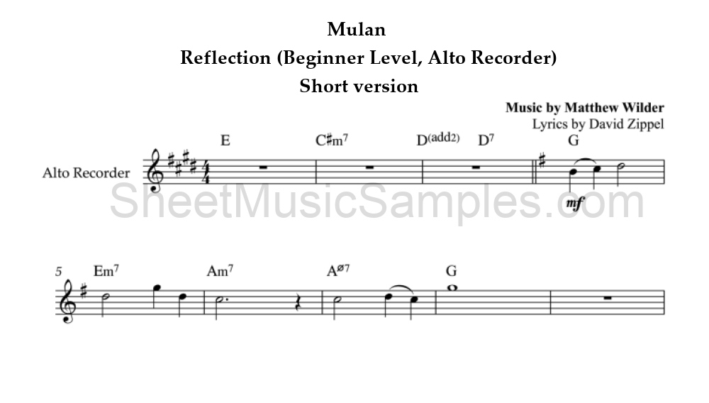 Mulan - Reflection (Beginner Level, Alto Recorder) - Short version