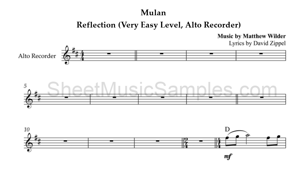 Mulan - Reflection (Very Easy Level, Alto Recorder)