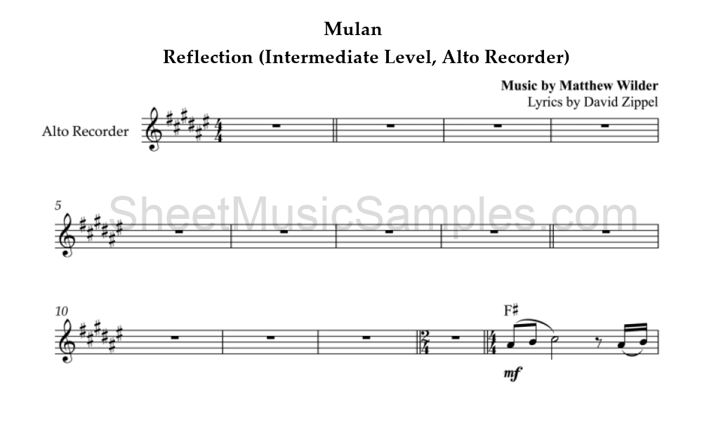 Mulan - Reflection (Intermediate Level, Alto Recorder)