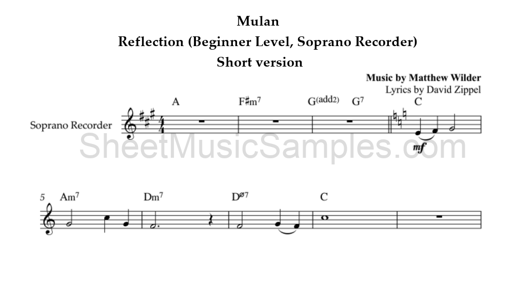 Mulan - Reflection (Beginner Level, Soprano Recorder) - Short version