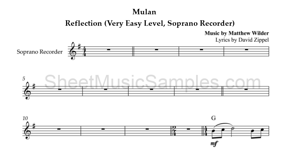 Mulan - Reflection (Very Easy Level, Soprano Recorder)