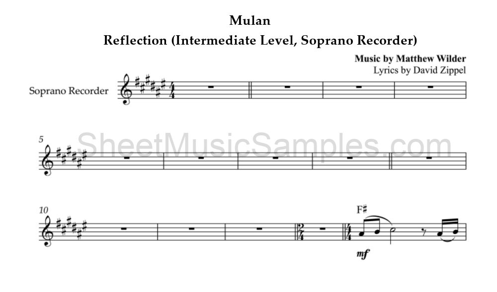 Mulan - Reflection (Intermediate Level, Soprano Recorder)