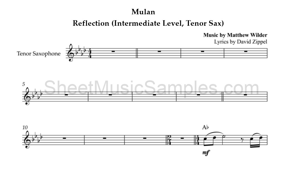 Mulan - Reflection (Intermediate Level, Tenor Sax)