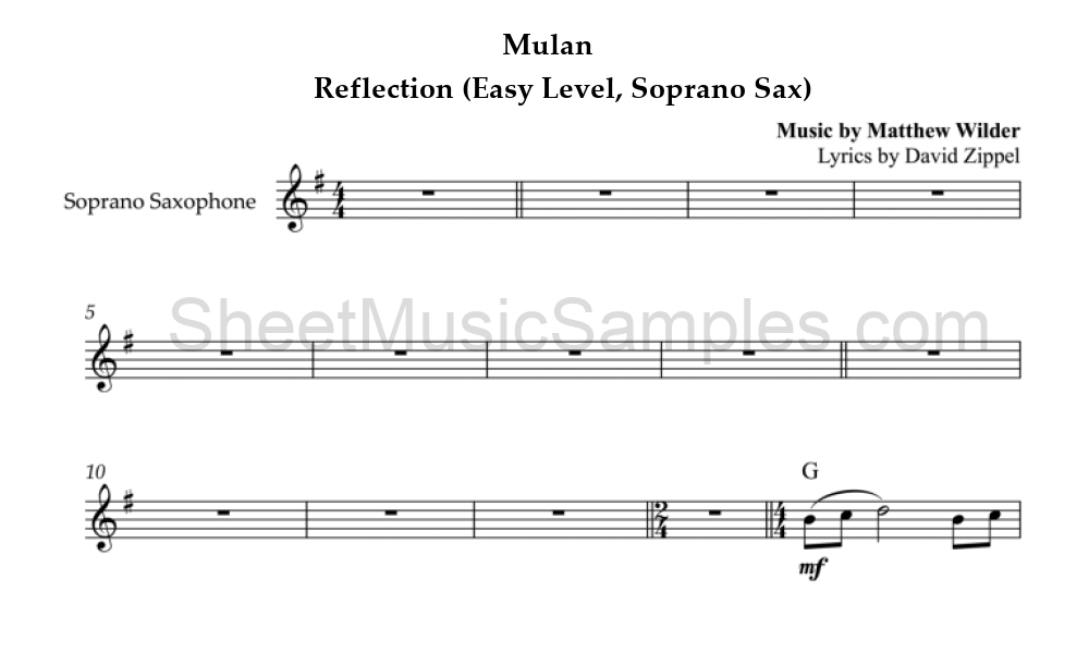 Mulan - Reflection (Easy Level, Soprano Sax)