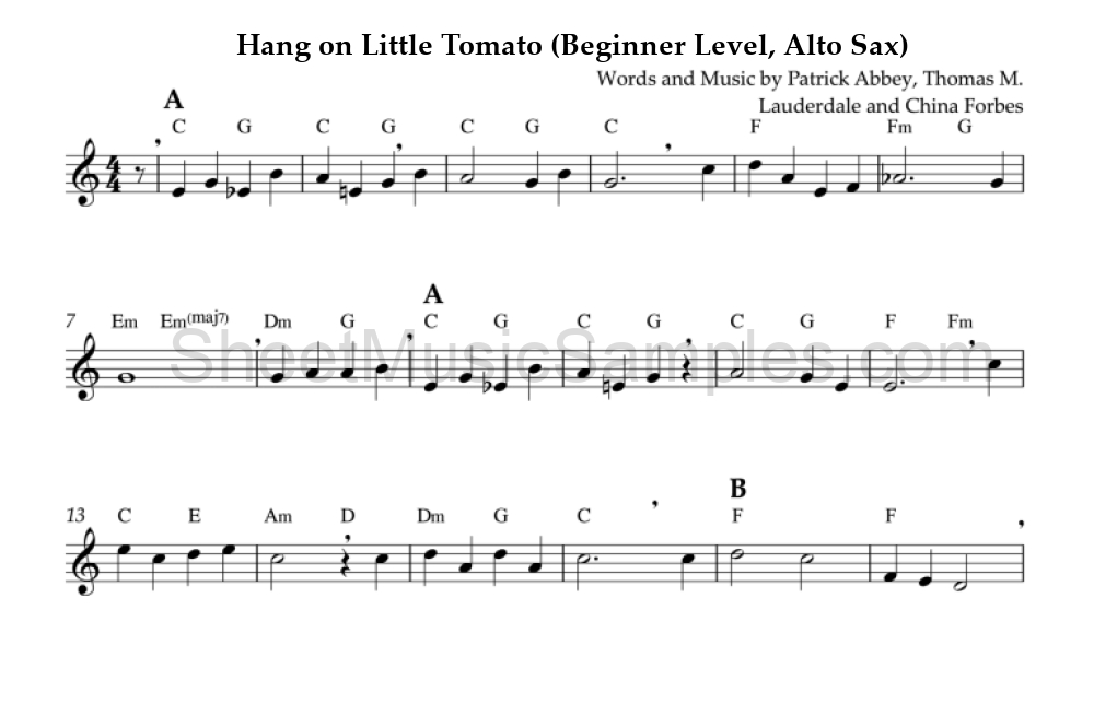 Hang on Little Tomato (Beginner Level, Alto Sax)