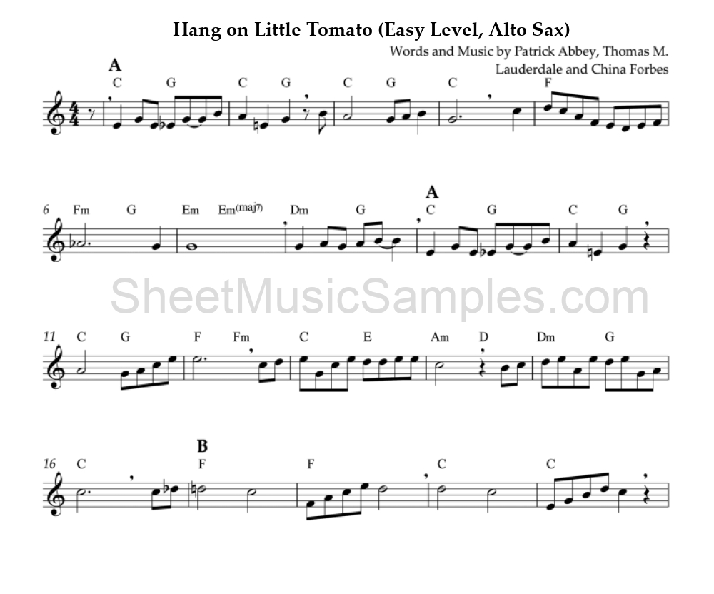 Hang on Little Tomato (Easy Level, Alto Sax)