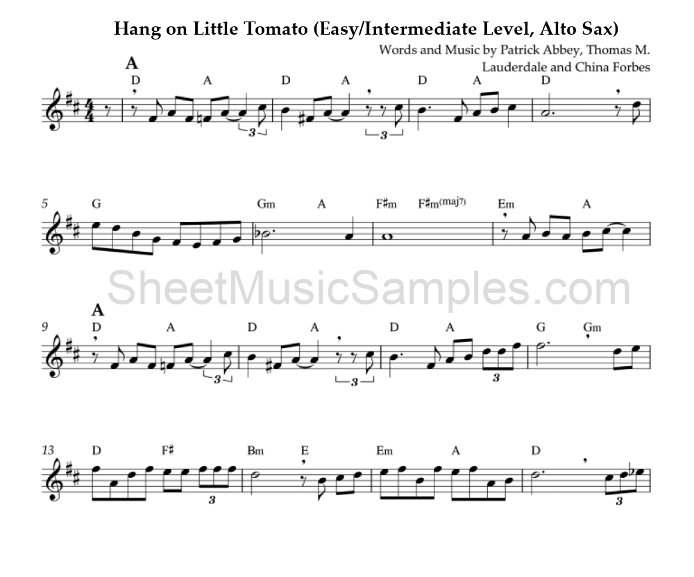 Hang on Little Tomato (Easy/Intermediate Level, Alto Sax)