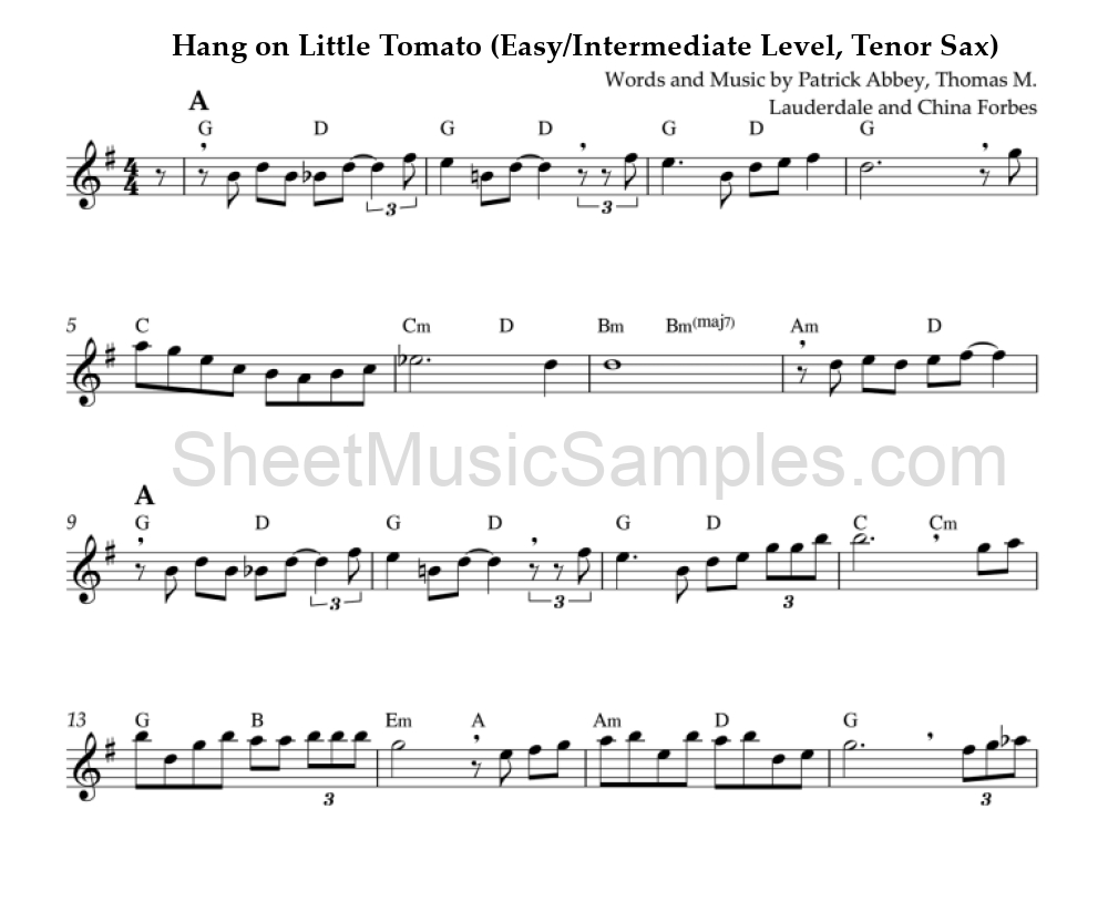 Hang on Little Tomato (Easy/Intermediate Level, Tenor Sax)