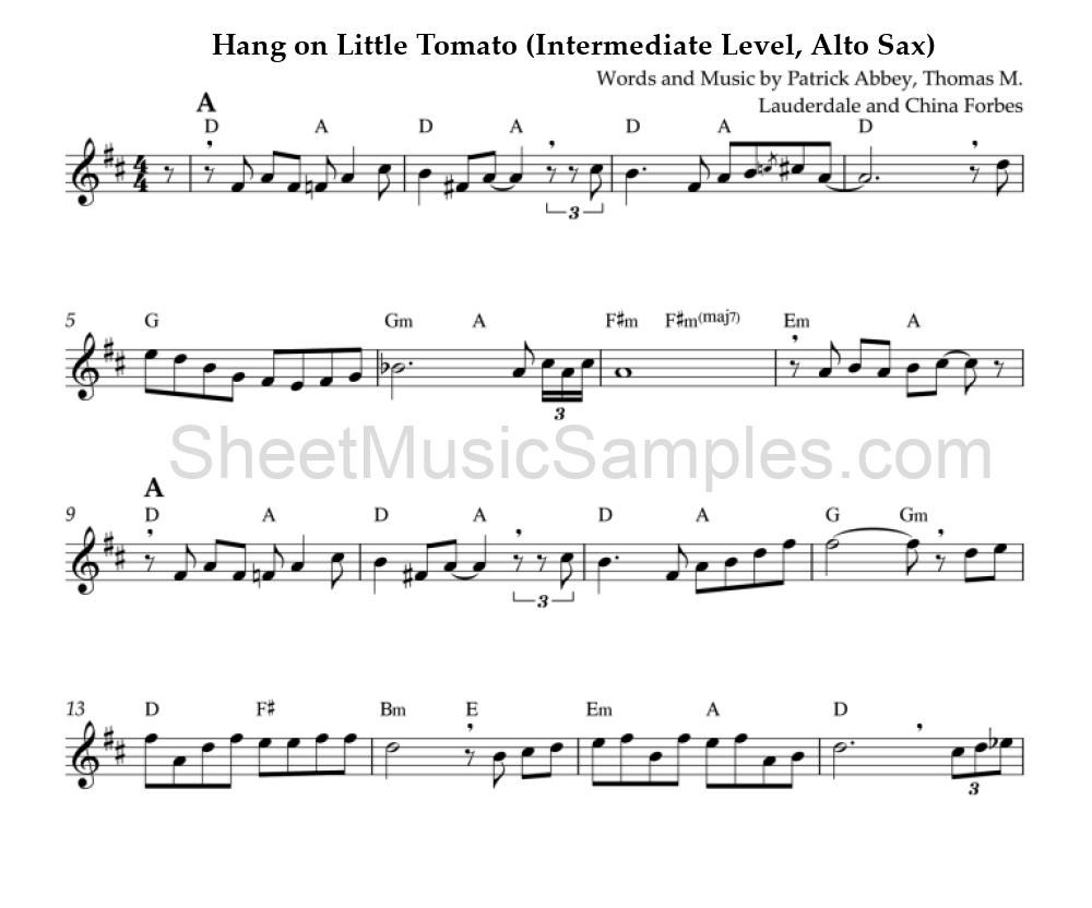 Hang on Little Tomato (Intermediate Level, Alto Sax)