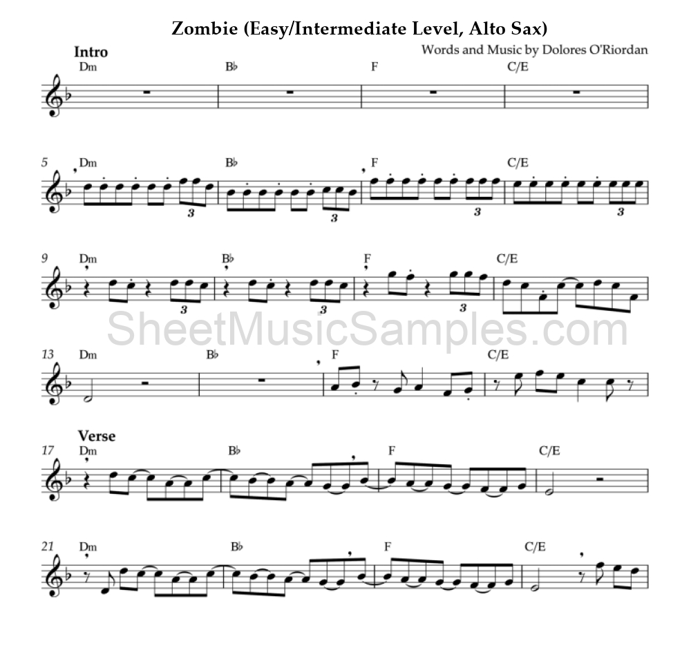 Zombie (Easy/Intermediate Level, Alto Sax)