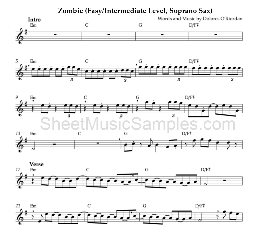 Zombie (Easy/Intermediate Level, Soprano Sax)