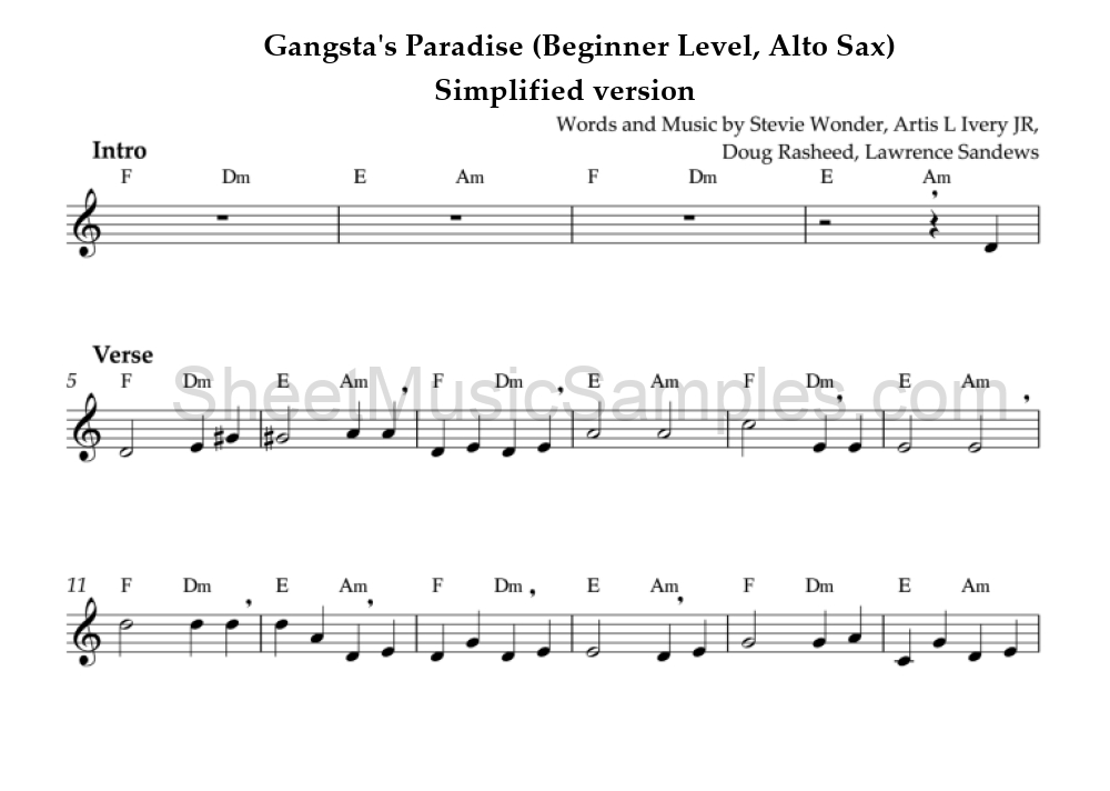 Gangsta's Paradise (Beginner Level, Alto Sax) - Simplified version