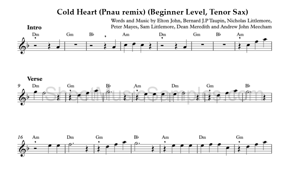 Cold Heart (Pnau remix) (Beginner Level, Tenor Sax)