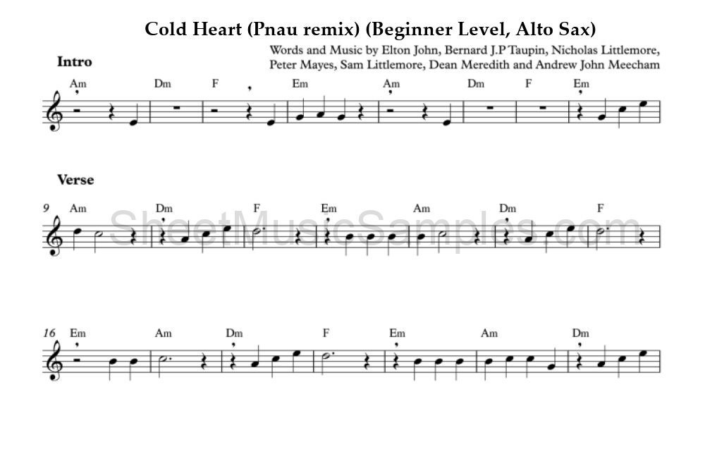 Cold Heart (Pnau remix) (Beginner Level, Alto Sax)