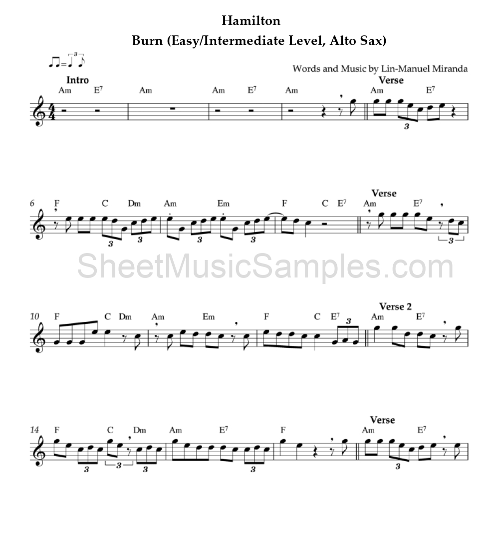 Hamilton - Burn (Easy/Intermediate Level, Alto Sax)