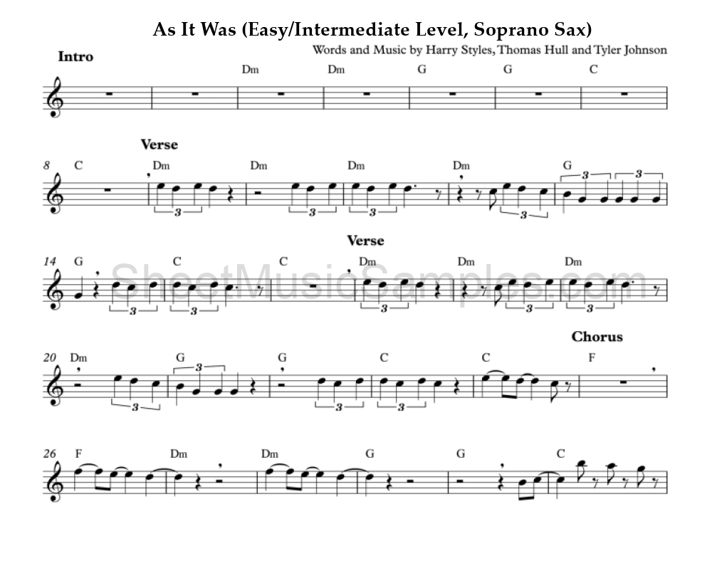 As It Was (Easy/Intermediate Level, Soprano Sax)