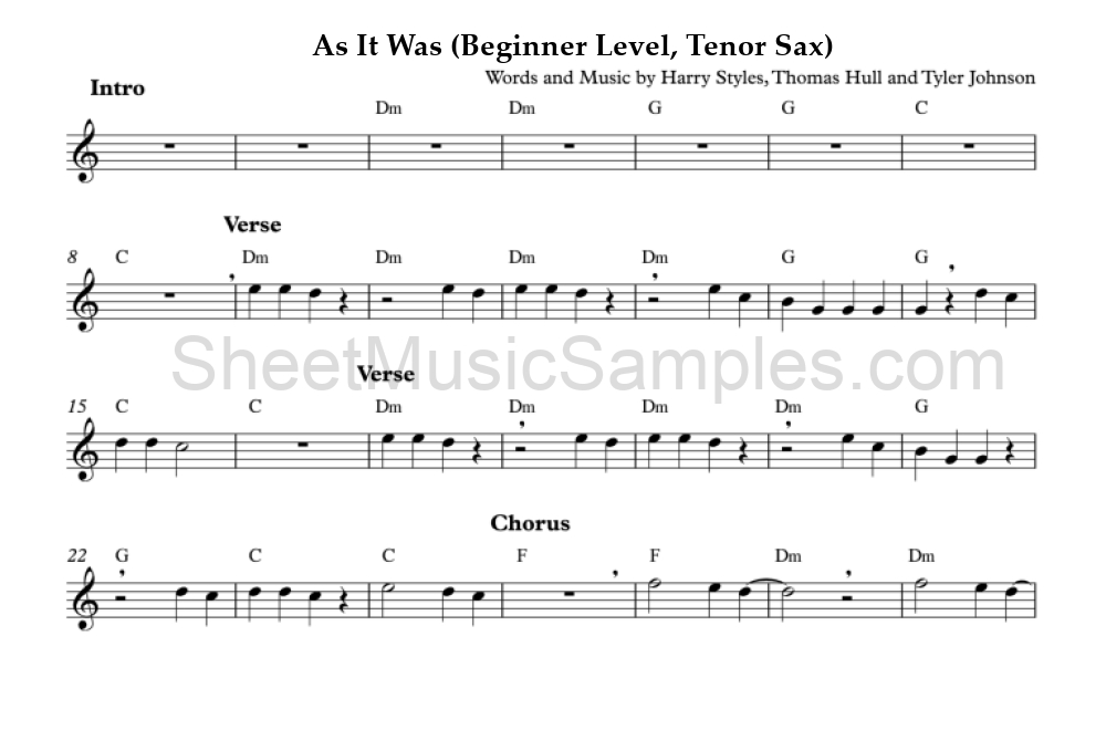 As It Was (Beginner Level, Tenor Sax)