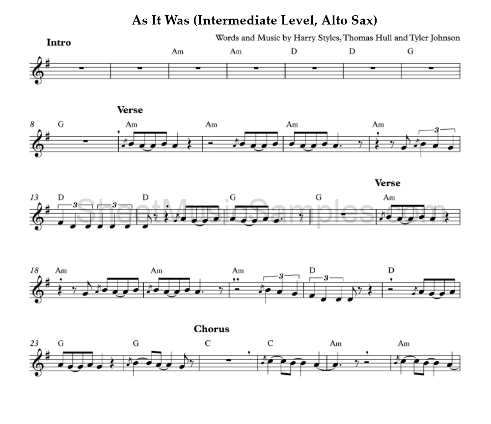 As It Was (Intermediate Level, Alto Sax)