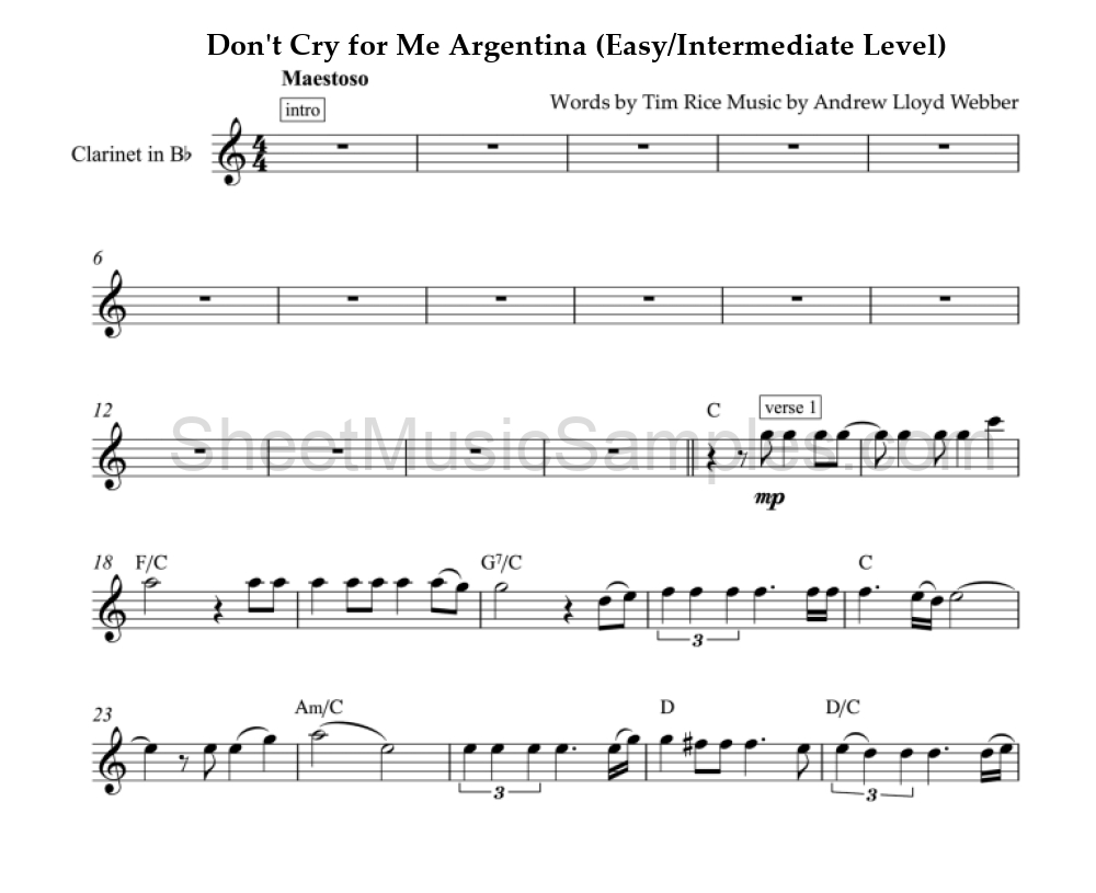 Don't Cry for Me Argentina (Easy/Intermediate Level)