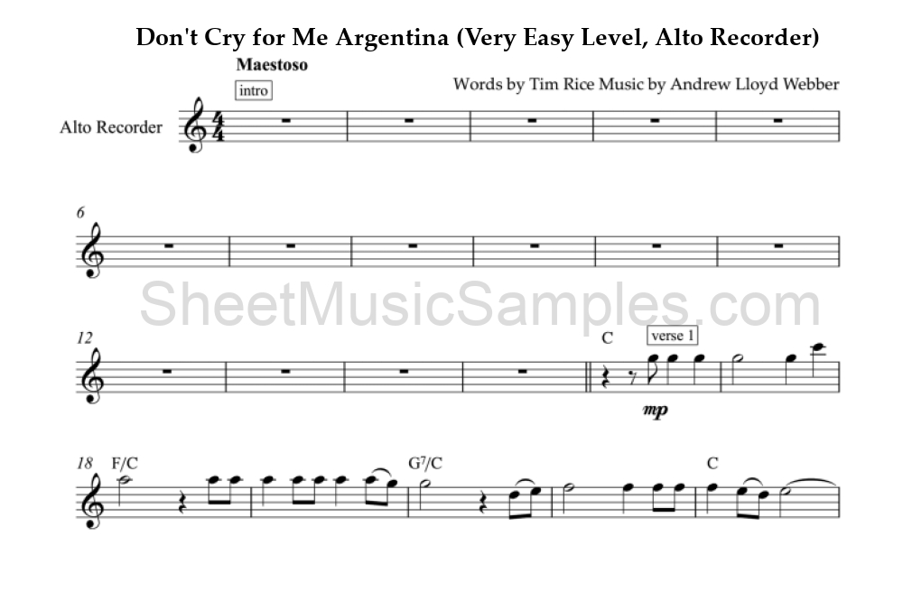 Don't Cry for Me Argentina (Very Easy Level, Alto Recorder)