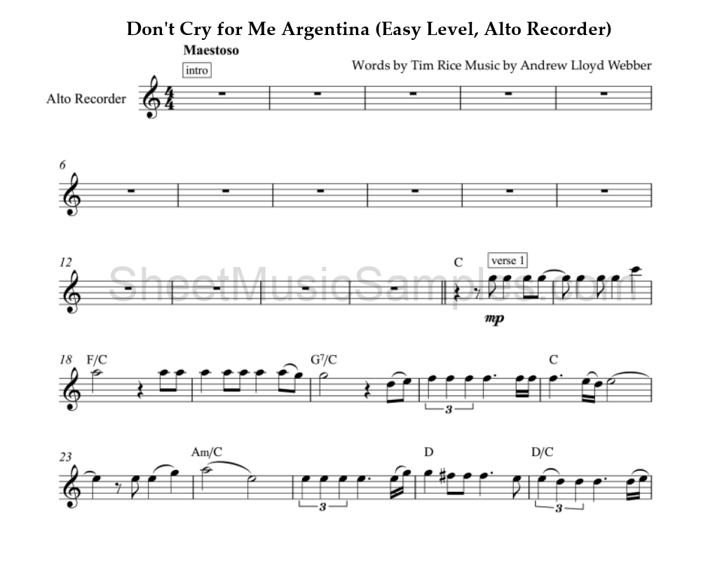 Don't Cry for Me Argentina (Easy Level, Alto Recorder)