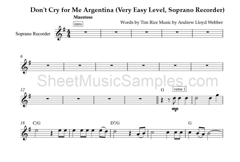 Don't Cry for Me Argentina (Very Easy Level, Soprano Recorder)