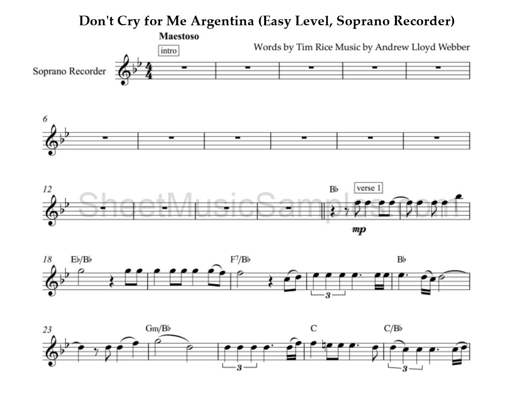 Don't Cry for Me Argentina (Easy Level, Soprano Recorder)