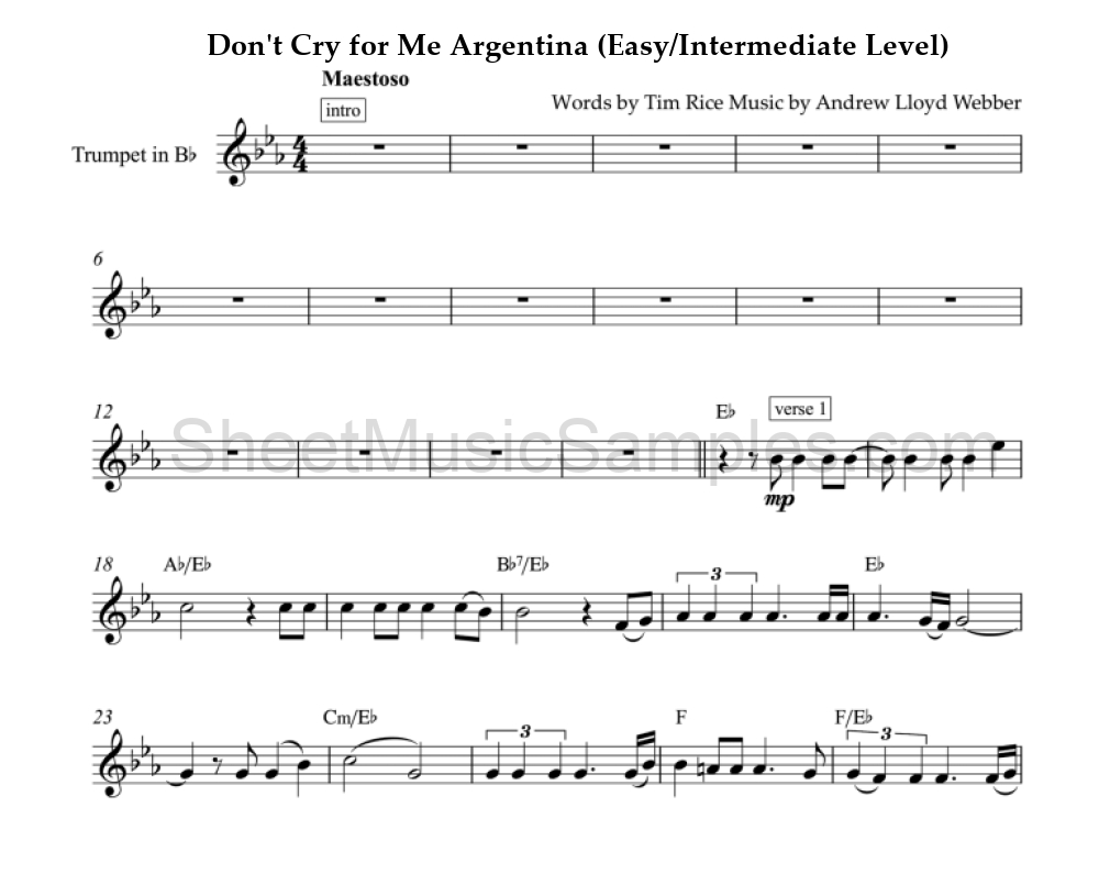 Don't Cry for Me Argentina (Easy/Intermediate Level)