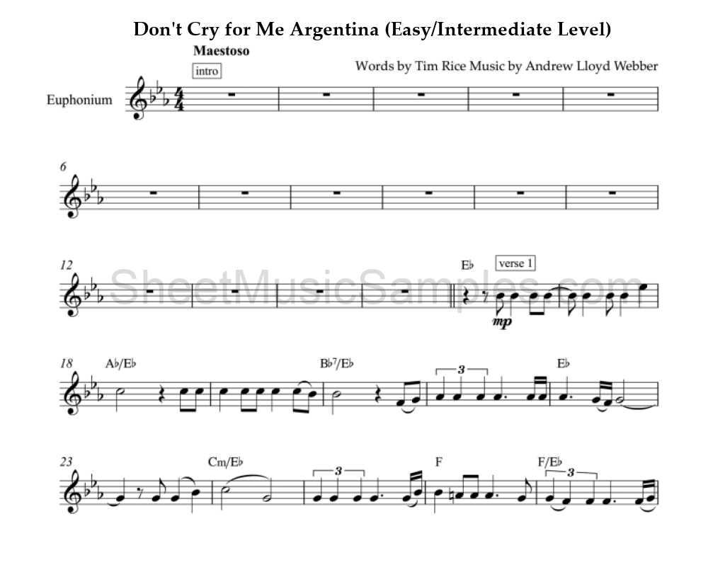 Don't Cry for Me Argentina (Easy/Intermediate Level)