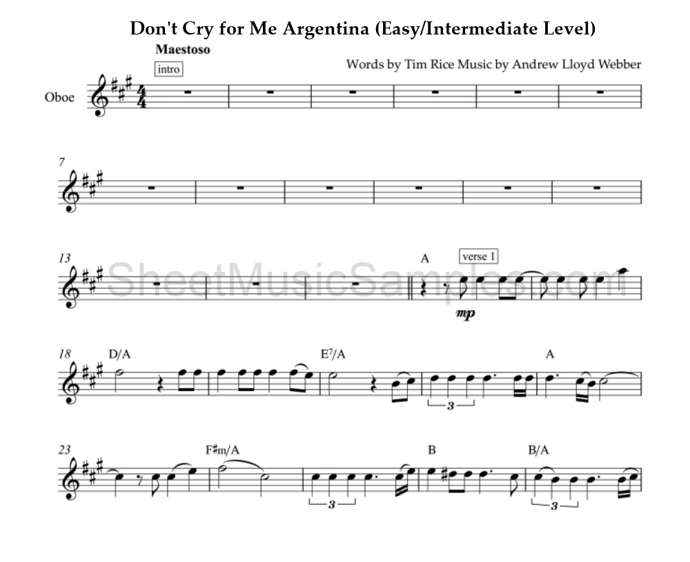 Don't Cry for Me Argentina (Easy/Intermediate Level)