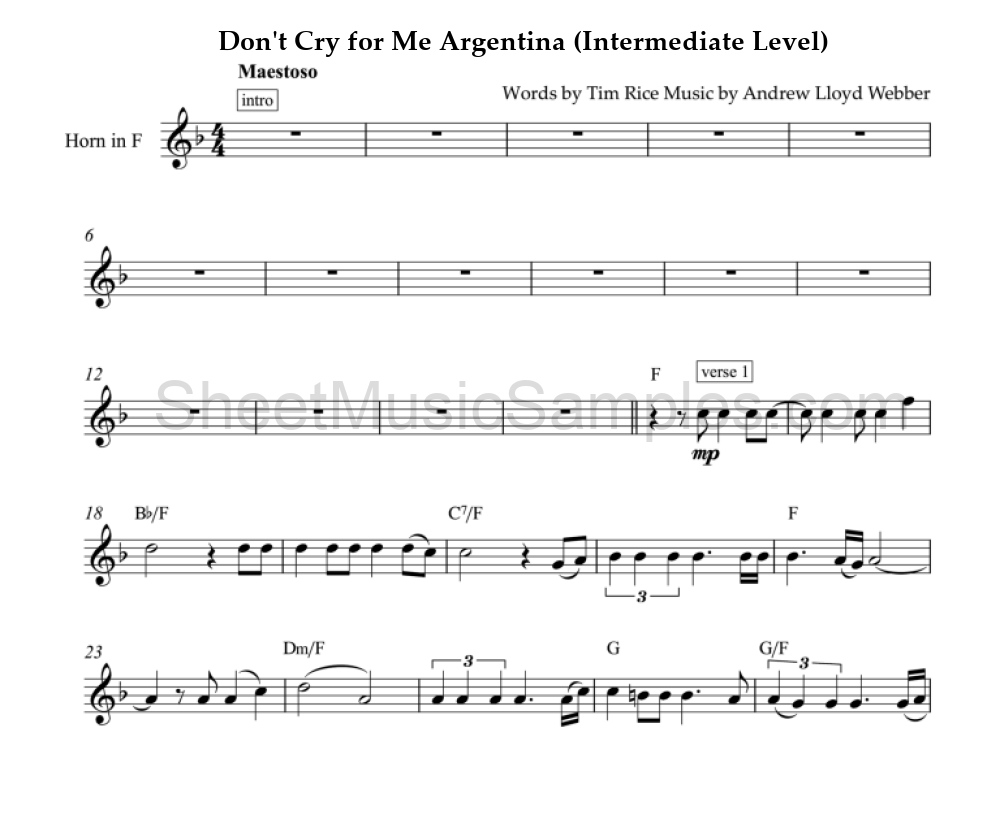 Don't Cry for Me Argentina (Intermediate Level)